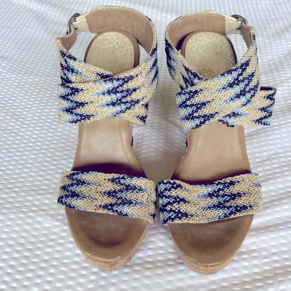 Calleen Cordero Cream & Blue Wedges with Braided Straps Size 6